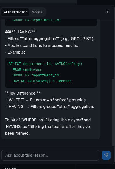 The AI Instructor chat panel explaining the difference between WHERE and HAVING with a code example